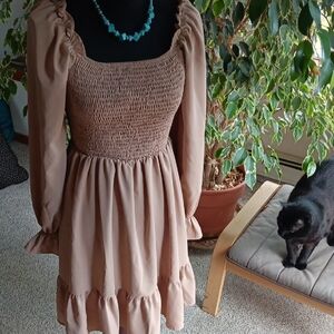 Elegant Tan Smocked Dress
